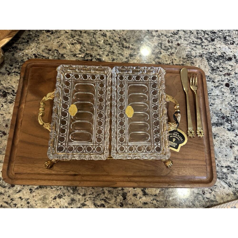 Monarch Crystal Lead Glass Rectangular Divided Serving Plates With Gold Utensils